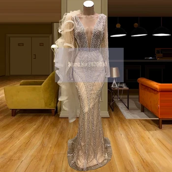 Arabija 2020 Najnovejši Pageant Večerne Obleke Z Dolgimi Rokavi Kristali Beaded Sequins Prom Oblačenja Celebrity Obleko Vestidos Formales  10
