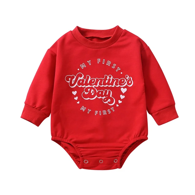 0-24M Newborn Baby Dekleta Valentinovo Priložnostne Romper Obleka, Rdeča Dolg Rokav O Vratu Pismo Srce, ki Tiskanja Playsuit Oblačila