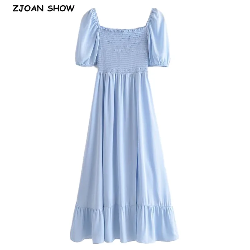 2021 ELEGANTNA Barva Elastična Ruched Telo Ženske obleke Seksi Kratek Rokav Robom Režejo Midi Obleke Počitnice Modra