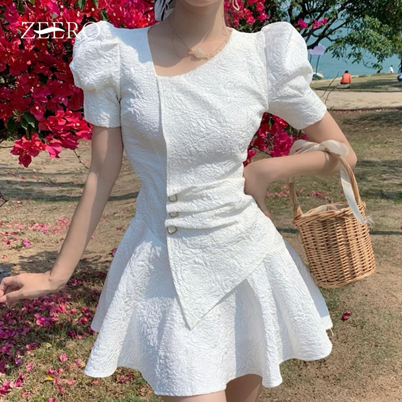 Poletje korejski Ženski Slim Puff Rokav Gumb Gubam Mini Obleke za Ženske Zadrgo Nezakonitih Ovratnik Visoko Pasu Slim A-Line Oblačenja