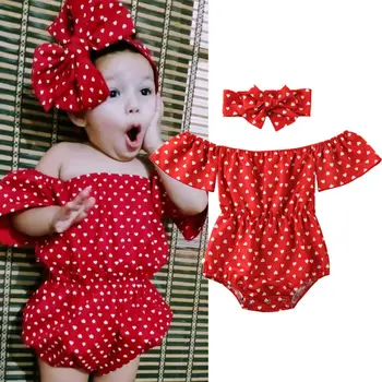 0-24M Newborn Baby Dekleta Bodysuits Glavo Off Ramenski Rdeča Polka Dot Tiskanja Jumpsuit 2PCS Obleke Oblačila  5