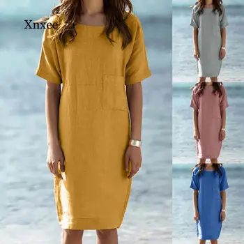 2021 Bombaž Žep Trdna Midi Obleke Ženska Kratek Rokav Gumb Perilo Dame Poletje Oblačenja Oversize Svoboden Priložnostne Oblačila Za Plažo  5