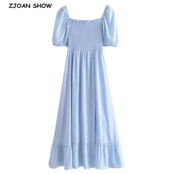 2021 ELEGANTNA Barva Elastična Ruched Telo Ženske obleke Seksi Kratek Rokav Robom Režejo Midi Obleke Počitnice Modra  5