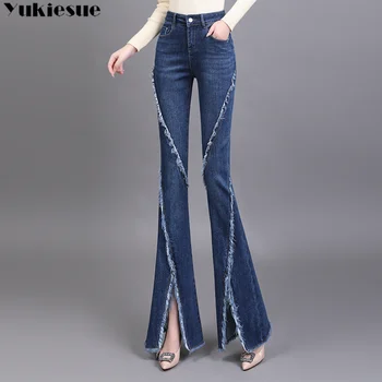 2022 Pomlad Jesen Ženske Korejski Moda Ulične Dolge Hlače Visoko Pasu, Ženske Jeans Elegantna Tassel Split Traper Hlače Flare  5