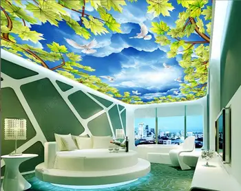 3d strop ozadje zidana modro nebo in beli oblaki golob zelenih listov vinske trte doma dekor po meri foto Ozadje za dnevno sobo  10