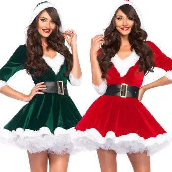 Božič Obleko Seksi spodnje Perilo, Ženske Santa Claus Cosplay Kostume z Hooded Kostum Pol Rokav Zimo Božič Modis Fancy Oblačenja  10