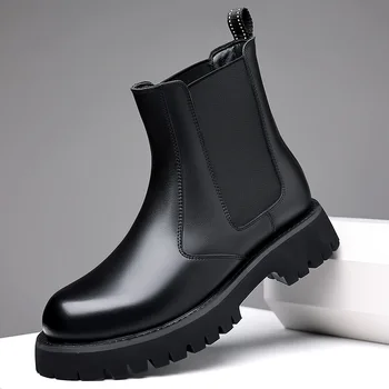 Korejski slog mens moda chelsea škornji črni plima pravega usnja čevlji kavboj platformo boot visoki vrh motocikel botas hombre  10