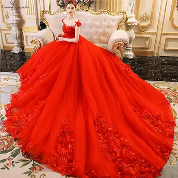 Luksuzni Rdeče Princesa Quinceanera Obleke Obleke Žogo 3D Čipke Cvetove Perals Skp Rokavi Sweet 16 Obleko Dekleta Debutante Prom Obleke  10