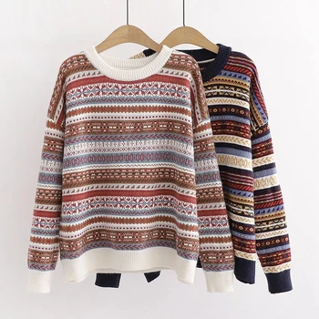 Modno črtasto pulover ženske 2021 nova postavka jeseni, pozimi retro zahodni slog pletene srajco okoli vratu, ohlapno vrh  10