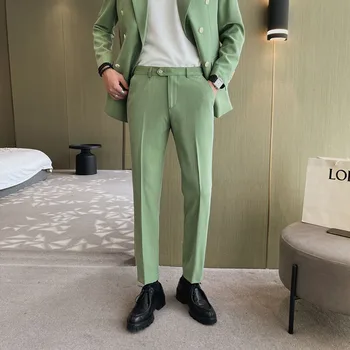 Moški Business Casual Stretch Tkanina Zeleno Obleko Hlače Moški Korejski Urad Moda Letnik Ulične Slim Fit Obleko Hlače  10