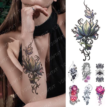 Nepremočljiva Začasni Tattoo Nalepke Vijolično Roza Lotus Flash Tetovaže Cvetov Rose Čipke Totem Body Art Roko Ponaredek Tattoo Ženske Moški  10