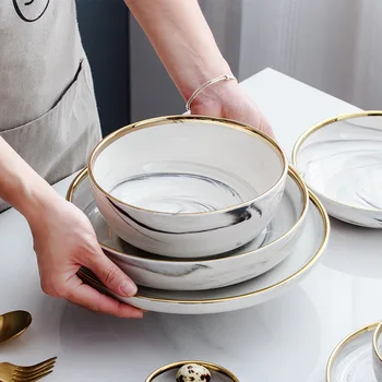 Nordijska marbling keramični pozlačeni barva namizna nastavite večerja ploščo keramično skledo družino namizna posoda in plošče kompleti  10
