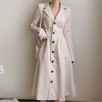 Novo leto 2020, za Ženske Jesensko Zimske Obleke Gumbi Žepi Visoko Pasu Modno Elegantna Urad Dama Dolgo Obleko CL699  5