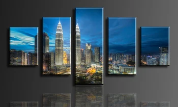 Ogledov twin towers mesta ponoči, 5 Plošče/Set HD Platno, Tisk Slikarske Umetnine, .dekorativno slikarstvo brez okvirja  10