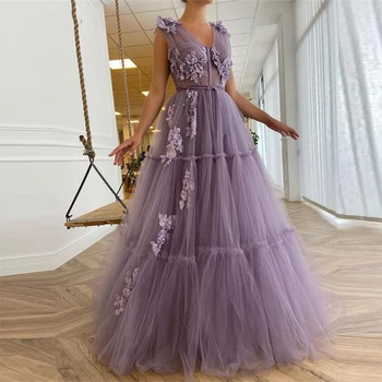 Očarljivo Elegantna Sivke Stopenjski Til Dolgo Prom Obleke 2022 Vrstice, Vgrajeno Boning 3D Cvetje Dolžina Tal Večernih Oblek  5