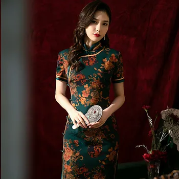 Poletje Elegantno Tradicionalnih Plakat Mandarin Ovratnik Natisnjeni Saten Qipao Kratek Rokav Cheongsam Retro Kitajski Ženske Obleke  10