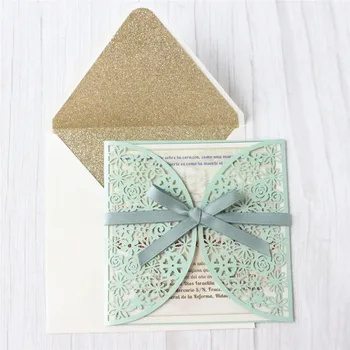 Poročno vabilo darilno kartico svetlo zelena cvetlični čipke dekoracijo bleščice oblog sredstev tiskanje po meri ponudbe  10