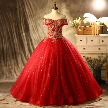 Rdeča Stranka Obleko Vestidos Quinceanera Obleke Klasičnih Maturantski Obleko Off Ramo Čipke, Vezenine Žogo Obleke Haljo De Bal  5