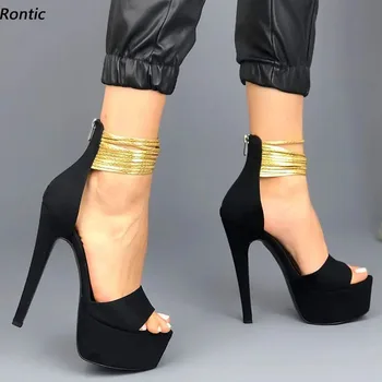 Rontic Ročno Ženske Platformo Sandali Faux Antilop Seksi Stiletto Petah Open Toe Elegantno Črno Stranka Čevlji NAS Velikosti od 5 do 20  4