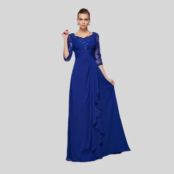 Royal Modra Mati Nevesta Obleke A-line 3/4 Rokavi Šifon Appliques Plus Velikost Dolgo Ženina Mati, Obleke Za Poročne  0