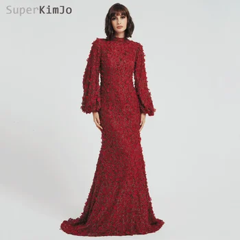 SuperKimJo Dolg Rokav Burgundija Večerne Obleke Elegantno arabski Slog morska deklica 3D Cvetje Večerno obleko Haljo De Soiree  5