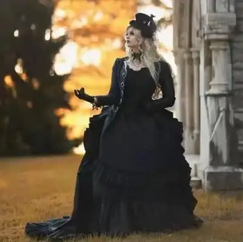 Vintage Srednjeveški Viktorijanski Črna a-linijo Poročnih Oblek Gothic Gub Korzet Poroko Halje Z Dolgimi Rokavi Jakno Royal Poročne  10