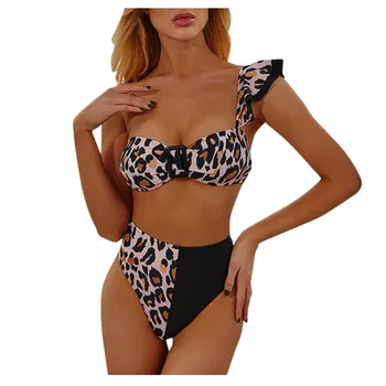 Ženska Oblazinjeni Push-Up Modrc Bikini Komplet Seksi Leopard Tiskanja Split Bikini Kopalke Ena Ramenski Šivi Bikini Plažo Z0402  5