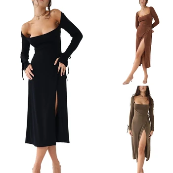Ženski Modni Trend Obleko, Barva Kvadratnih Vratu Dolg Rokav Backless Povoj Ulične, S/M/L/XL  5