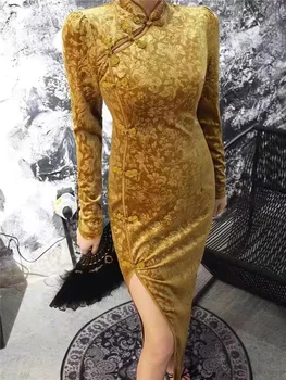 Ženski Qipao Mandarin Ovratnik, Dolgi Rokavi Žamet Cheongsam Elegantno Kitajski Obleko Zlato Cvet Novost Saten Večer Stranka Obleke  10